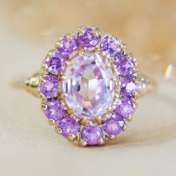 Golden Halo Oval Cut Amethyst Sapphire Engagement Ring For Women
