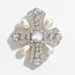 Cross Design Round Cut Pearl & White Sapphire  Brooch For Women