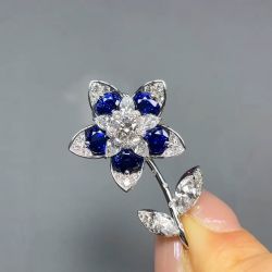 Fashion Round Cut White & Blue Sapphire Floral Brooch For Women
