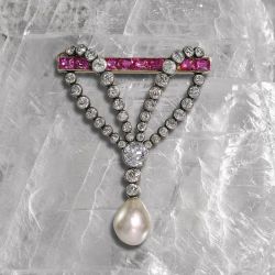 Two Tone Round Cut Pearl Ruby & White Sapphire Brooch For Women