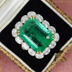 Two Tone Oval Halo Emerald Cut Emerald Sapphire Engagement Ring For Women