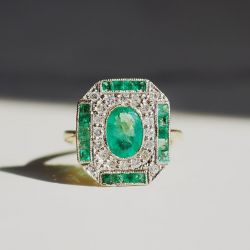 Two Tone Oval Cut White & Emerald Sapphire Art Deco Engagement Ring 