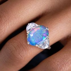 Three Stone Oval & Half Moon Cut Opal Ring For Women