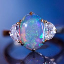 Three Stone Oval & Half Moon Cut Opal Ring For Women
