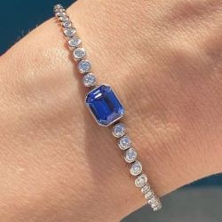 Classic Emerald Cut Blue & White Sapphire Tennis Bracelet For Women