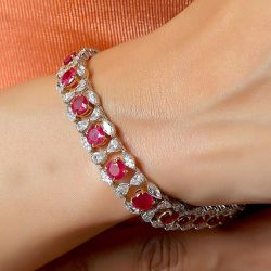 Two Tone Round Cut Ruby & White Sapphire Bracelet For Women