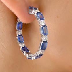 Classic Emerald Cut Blue & White Sapphire Hoop Earrings For Women