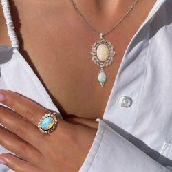 Vintage Oval Cut Opal Pendant Necklace & Engagement Ring Set