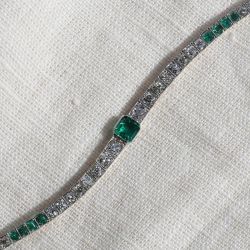 Milgrain Asscher Cut White & Emerald Sapphire Bracelet For Women