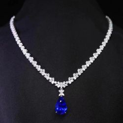 Fashion Pear Cut White & Blue Sapphire Pendant Necklace For Women