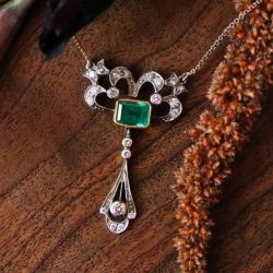 Two Tone Milgrain Emerald Cut Emerald Sapphire Pendant Necklace For Women