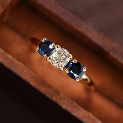 Golden Three Stone Cushion Cut White & Blue Sapphire Wedding Band For Women 