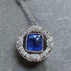 Vintage Cushion Cut White & Blue Sapphire Pendant Necklace For Women