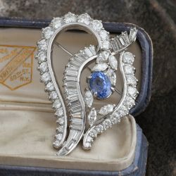 Oval Cut White & Blue Sapphire Silver Vintage Brooch For Women