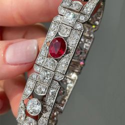 Milgrain Oval Cut White & Ruby Sapphire Art Deco Bracelet For Women