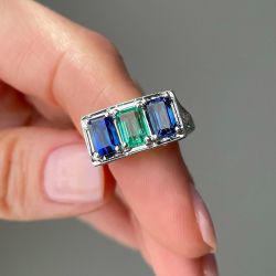 Vintage Emerald Cut Blue & Emerald Sapphire Wedding Band For Women