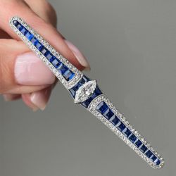 Milgrain Marquise Cut White & Blue Sapphire Art Deco Brooch For Women