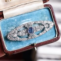 Milgrain Art Deco Round Cut White & Blue Sapphire Brooch For Women