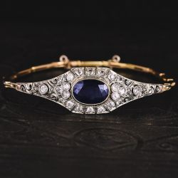 Two Tone Milgrain Oval Cut Blue Sapphire Vintage Bracelet For Women
