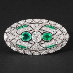 Vintage Oval Cut White & Emerald Sapphire Milgrain Brooch For Women