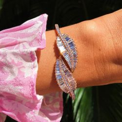 Plam Leaf Shape Baguette Cut White Sapphire Open Bracelet For Women