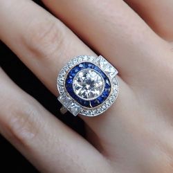 Halo Round Cut White & Blue Sapphire Engagement Ring For Women