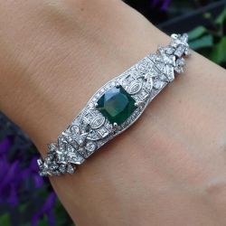 Art Deco Cushion Cut Emerald & White Sapphire Bracelet For Women