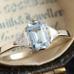 Vintage Emerald Cut Aquamarine Sapphire Engagement Ring For Women