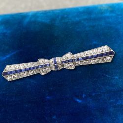 Art Deco Bow Design Round Cut Blue & White Sapphire Brooch For Women