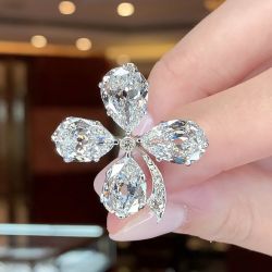 Four Leaf Design Pear Cut White Sapphire Brooch For Women