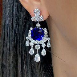 Fashion Cushion Cut Blue Sapphire Drop Earrings For Women
