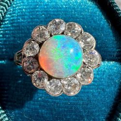Two Tone Halo Round Cut Opal & White Sapphire Engagement Ring For Women