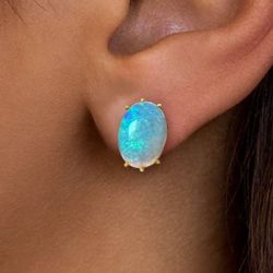 Vintage Golden Oval Cut Blue Opal Stud Earrings For Women