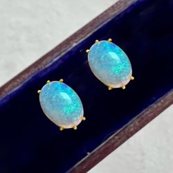Vintage Golden Oval Cut Blue Opal Stud Earrings For Women