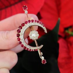 Vintage Crescent Shape Ruby Sapphire Pearl Brooch For Women
