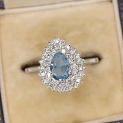 Halo Pear Cut Blue Topaz & White Sapphire Engagement Ring For Women