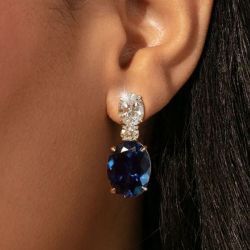 Classic Oval Cut Blue & White Sapphire Drop Earrings For Women