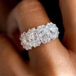 Halo Four Stone Cluster Round Cut White Sapphire Wedding Band For Women 