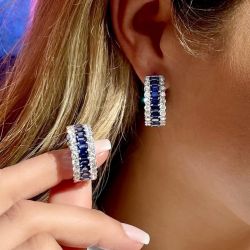 Halo Emerald Cut Blue Sapphire Hoop Earrings For Women