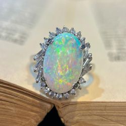 Halo Oval Cut Opal & White Sapphire Cocktail Engagement Ring For Women