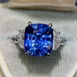Three Stone Cushion Cut Blue Sapphire Engagement Ring For Women
