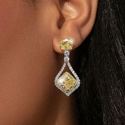 Two Tone Cushion Cut Yellow Sapphire Drop Earrings For Women