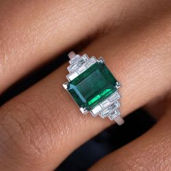 Art Deco Emerald Cut Emerald Sapphire Engagement Ring For Women