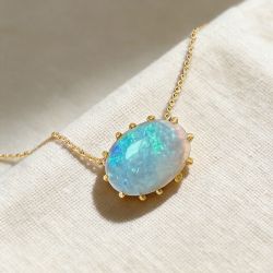 Vintage Golden Oval Cut Blue Opal Pendant Necklace For Women