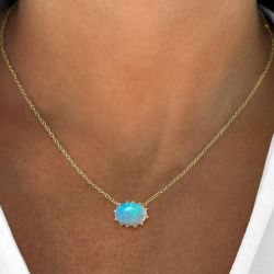 Vintage Golden Oval Cut Blue Opal Pendant Necklace For Women