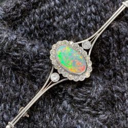 Vintage Halo Oval Cut Opal & White Sapphire Brooch For Women