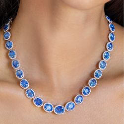 Halo Oval Cut Blue Sapphire Tennis Necklace For Women