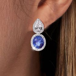 Halo Oval Cut Blue Sapphire Drop Earrings For Women