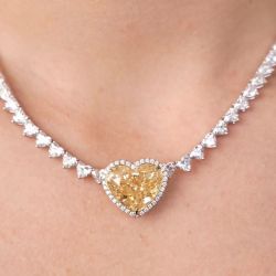 Two Tone Halo Heart Cut Yellow Sapphire Pendant Necklace For Women