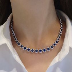 Halo Round Cut Blue Sapphire Tennis Necklace For Women